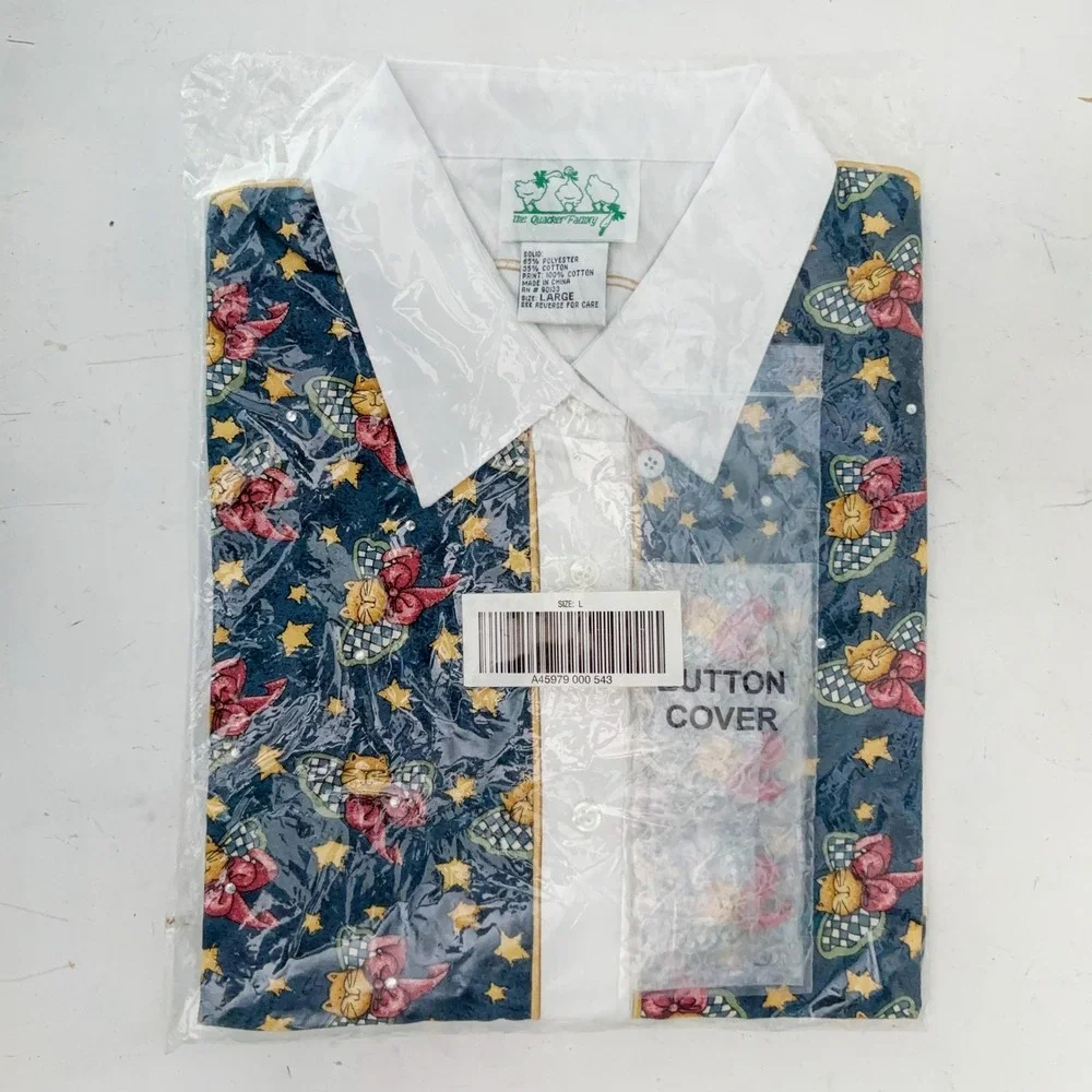 VTG 90s Quacker Factory NEW Cat Print Button Up Shirt Womens L Cat Lady Grandma